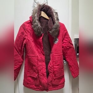 Kids Red Parka with Faux Fur Trim